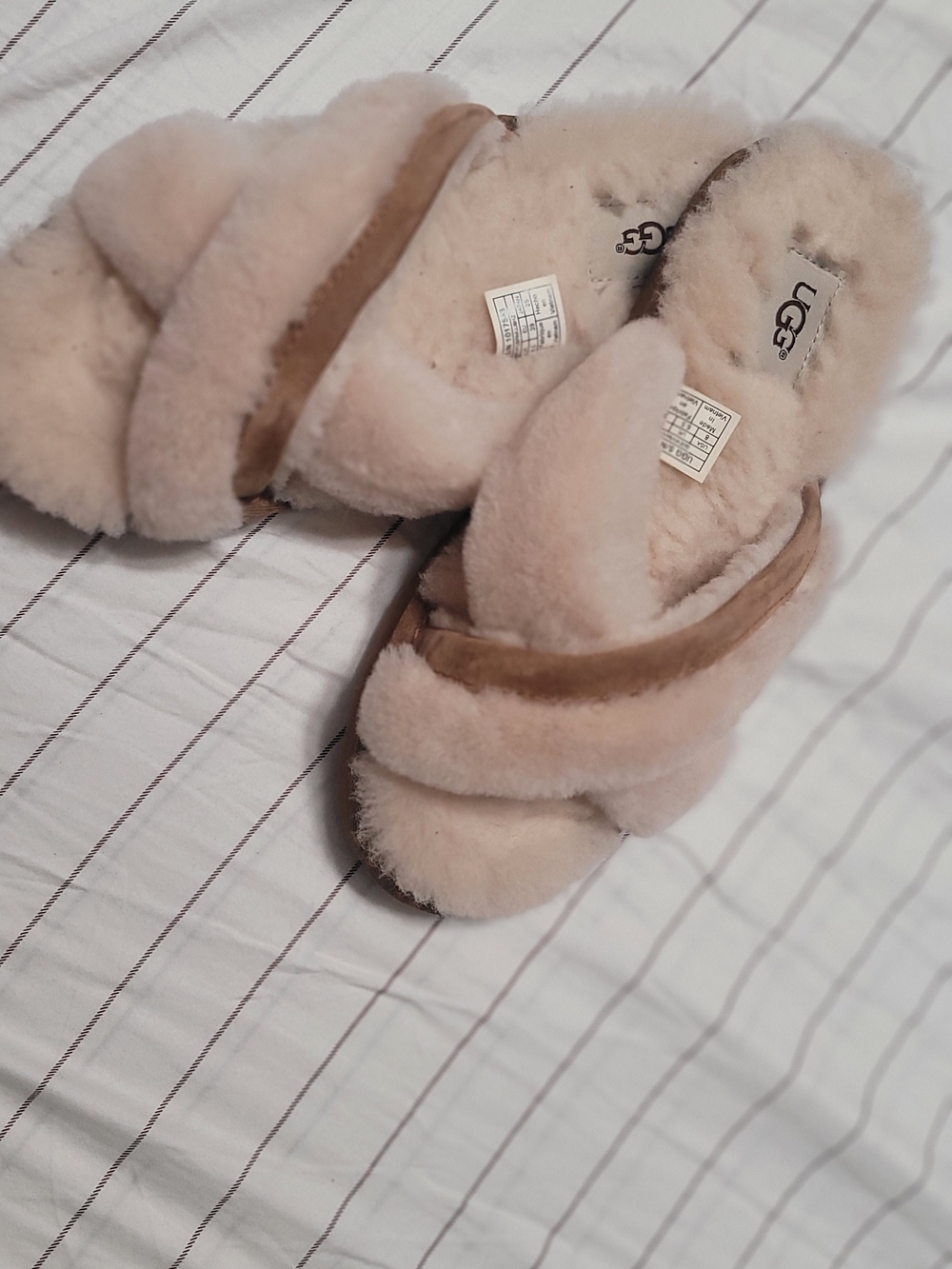 UGG Pink Shearling Crisscross Slide Slippers